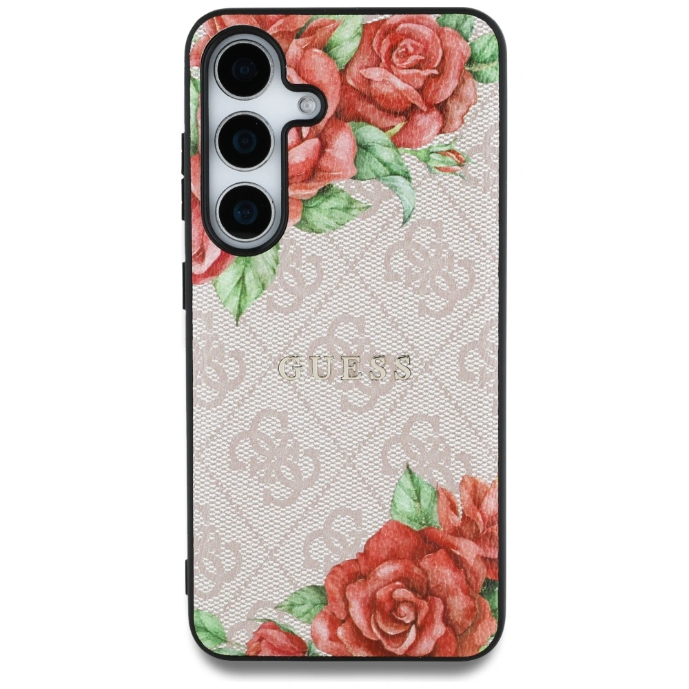 Kryt Guess Leather 4G Flowers Print Metal Classic Logo MagSafe Samsung Galaxy S25 pink