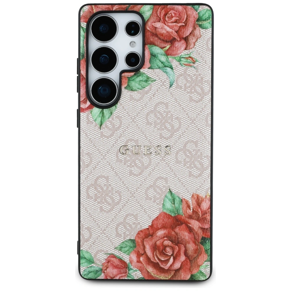Kryt Guess Leather 4G Flowers Print Metal Classic Logo MagSafe Samsung Galaxy S25 Ultra pink