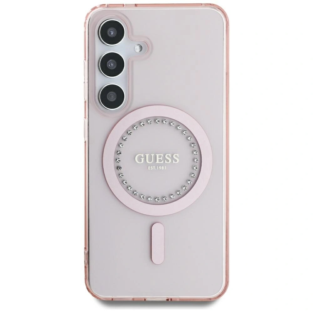 Kryt Guess Rhinestones Printed Classic Logo MagSafe Samsung Galaxy S25 pink