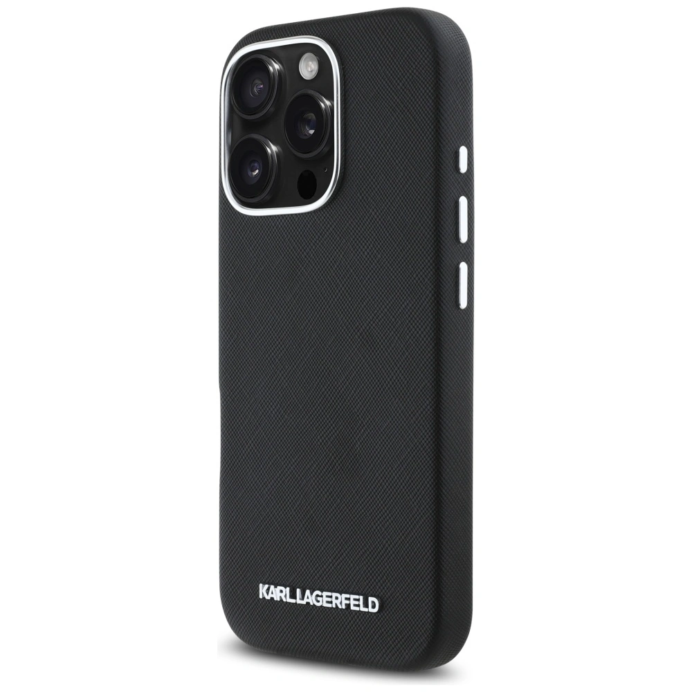 Kryt Karl Lagerfeld Saffiano Full Wrapped Elongated Metal Logo MagSafe Apple iPhone 16 Pro black