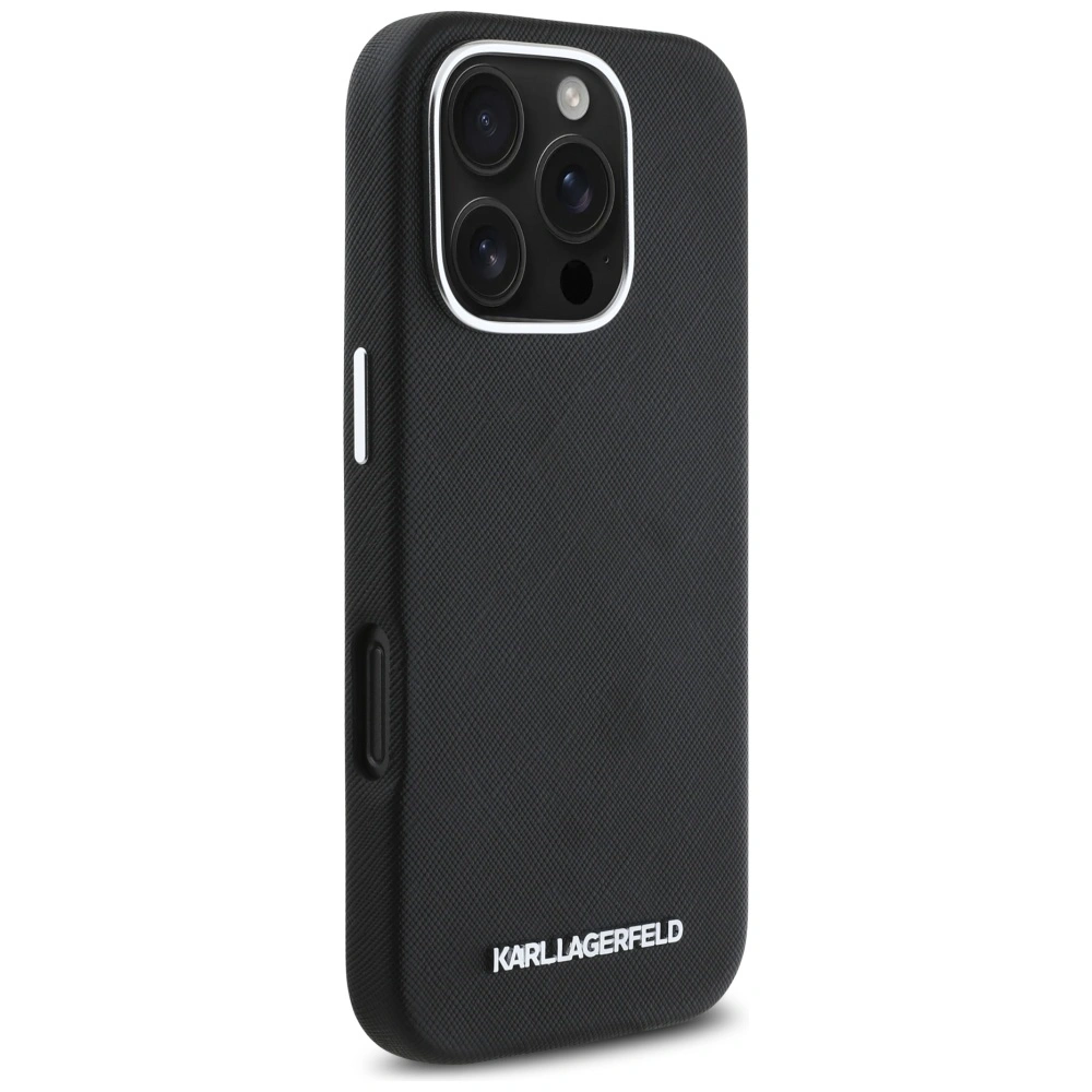 Kryt Karl Lagerfeld Saffiano Full Wrapped Elongated Metal Logo MagSafe Apple iPhone 16 Pro Max black