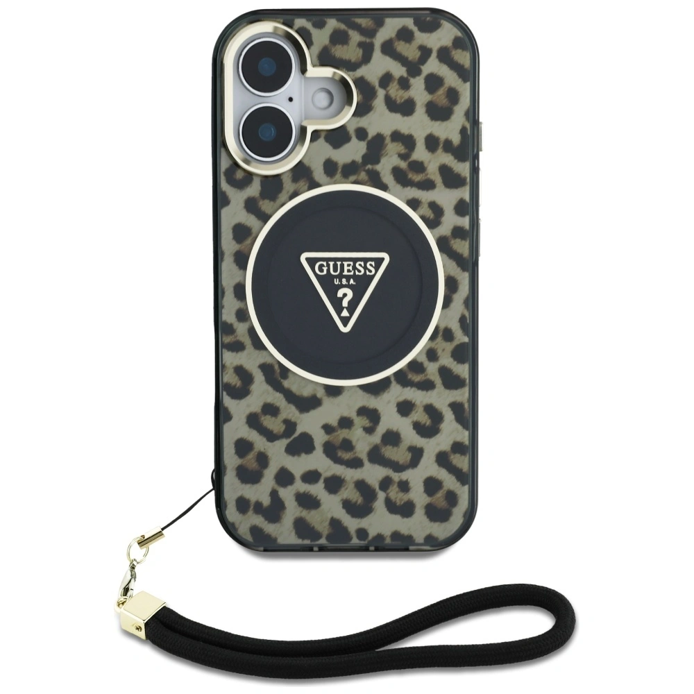 Kryt Guess HC IML Leopard Triangle Cord Strap Apple iPhone 16 MagSafe brown