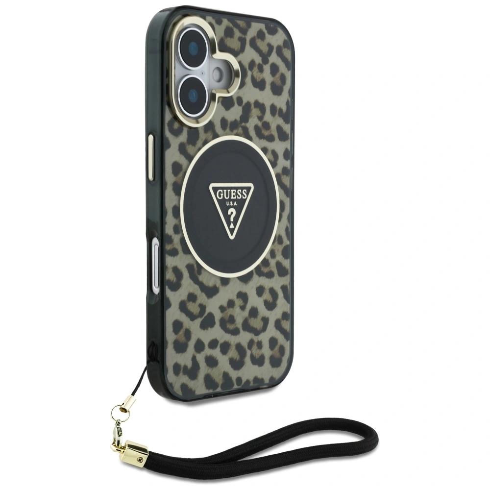 Kryt Guess HC IML Leopard Triangle Cord Strap Apple iPhone 16 MagSafe brown