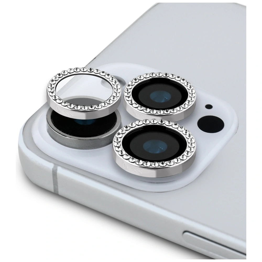 Kryt Guess BP Rhinestone 2in1 set tempered glass + lens protector Apple iPhone 16 Pro Max silver