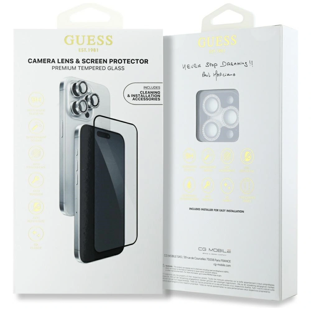 Kryt Guess BP Rhinestone 2in1 set tempered glass + lens protector Apple iPhone 16 Pro Max silver