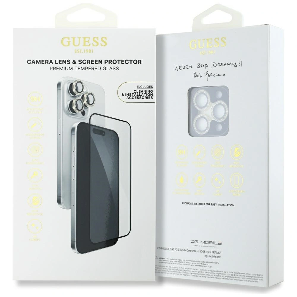 Kryt Guess BP Rhinestone 2in1 set tempered glass + lens protector Apple iPhone 16 Pro Max gold