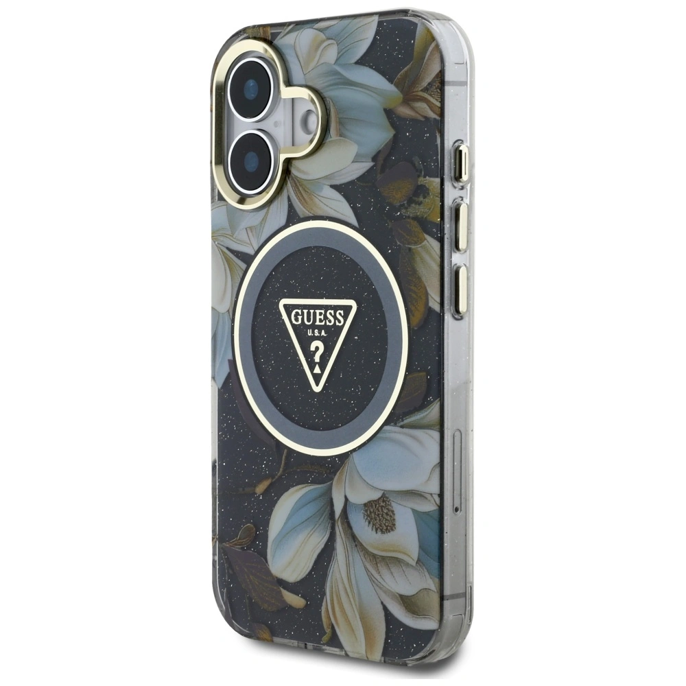 Kryt Guess Glitter Flowers Triangle Buttons MagSafe Apple iPhone 16 black