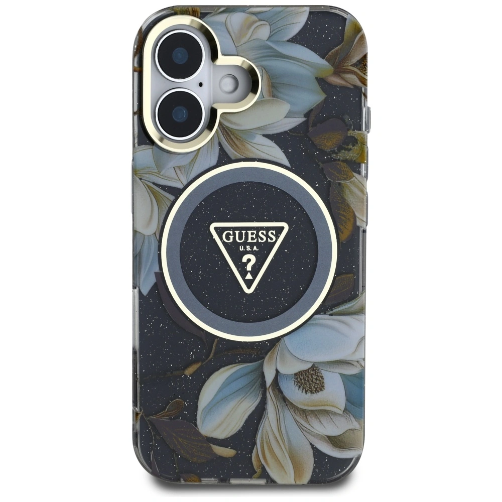 Kryt Guess Glitter Flowers Triangle Buttons MagSafe Apple iPhone 16 black
