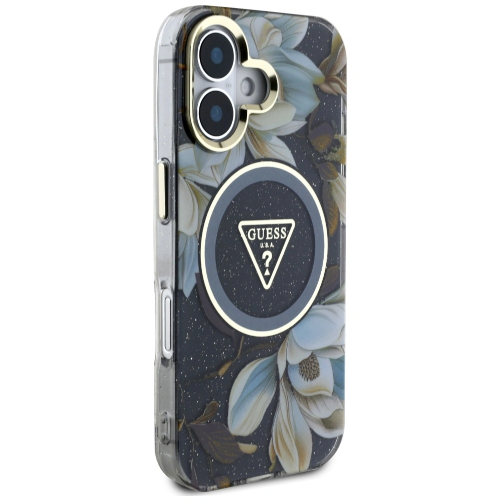 Kryt Guess Glitter Flowers Triangle Buttons MagSafe Apple iPhone 16 black