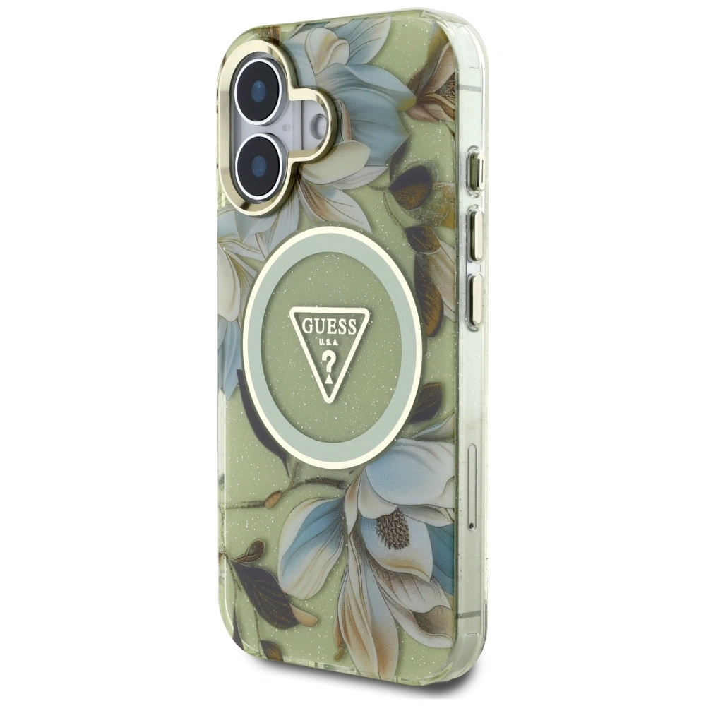 Kryt Guess Glitter Flowers Triangle Buttons MagSafe Apple iPhone 16 green