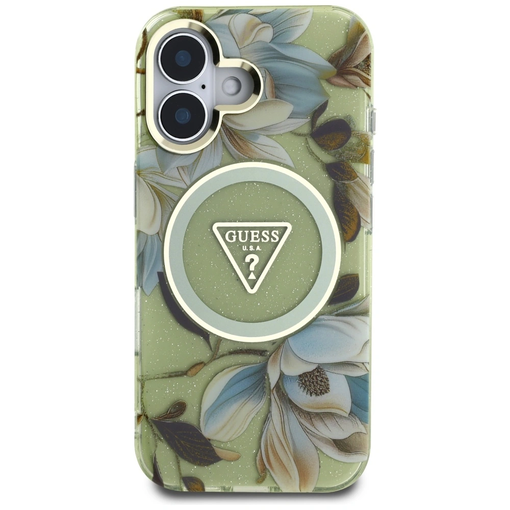 Kryt Guess Glitter Flowers Triangle Buttons MagSafe Apple iPhone 16 green