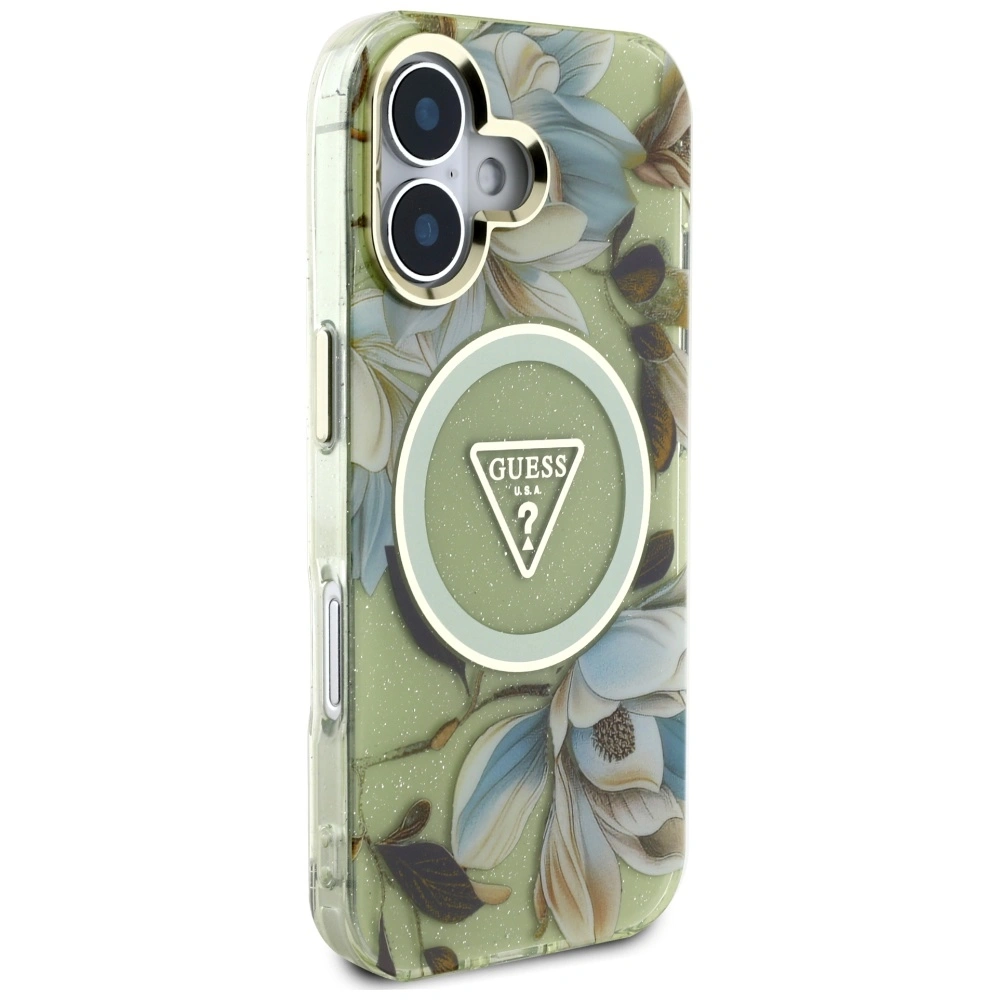 Kryt Guess Glitter Flowers Triangle Buttons MagSafe Apple iPhone 16 green