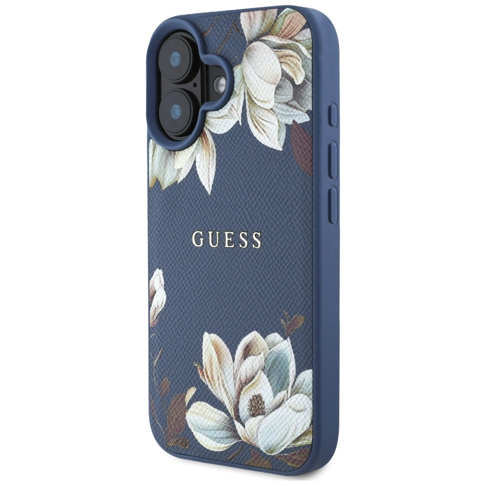 Kryt Guess Grained Printed Flower Pattern MagSafe Apple iPhone 16 blue