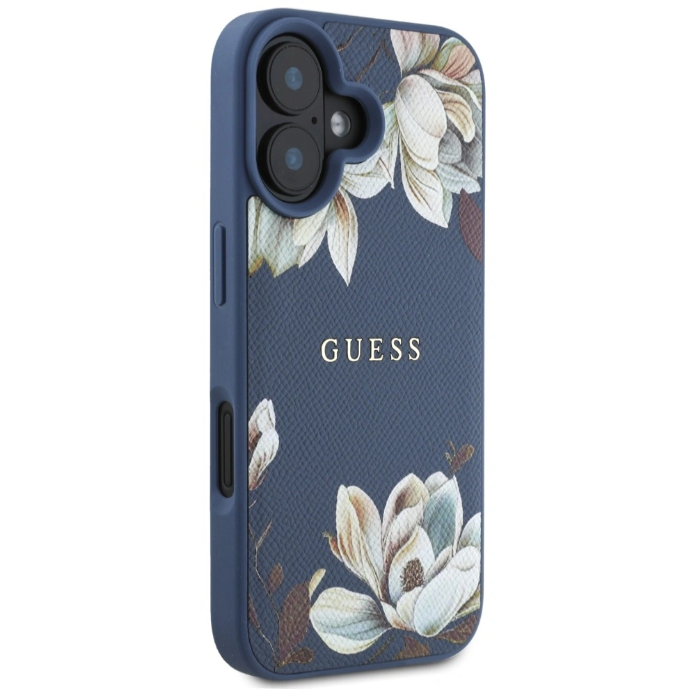 Kryt Guess Grained Printed Flower Pattern MagSafe Apple iPhone 16 blue