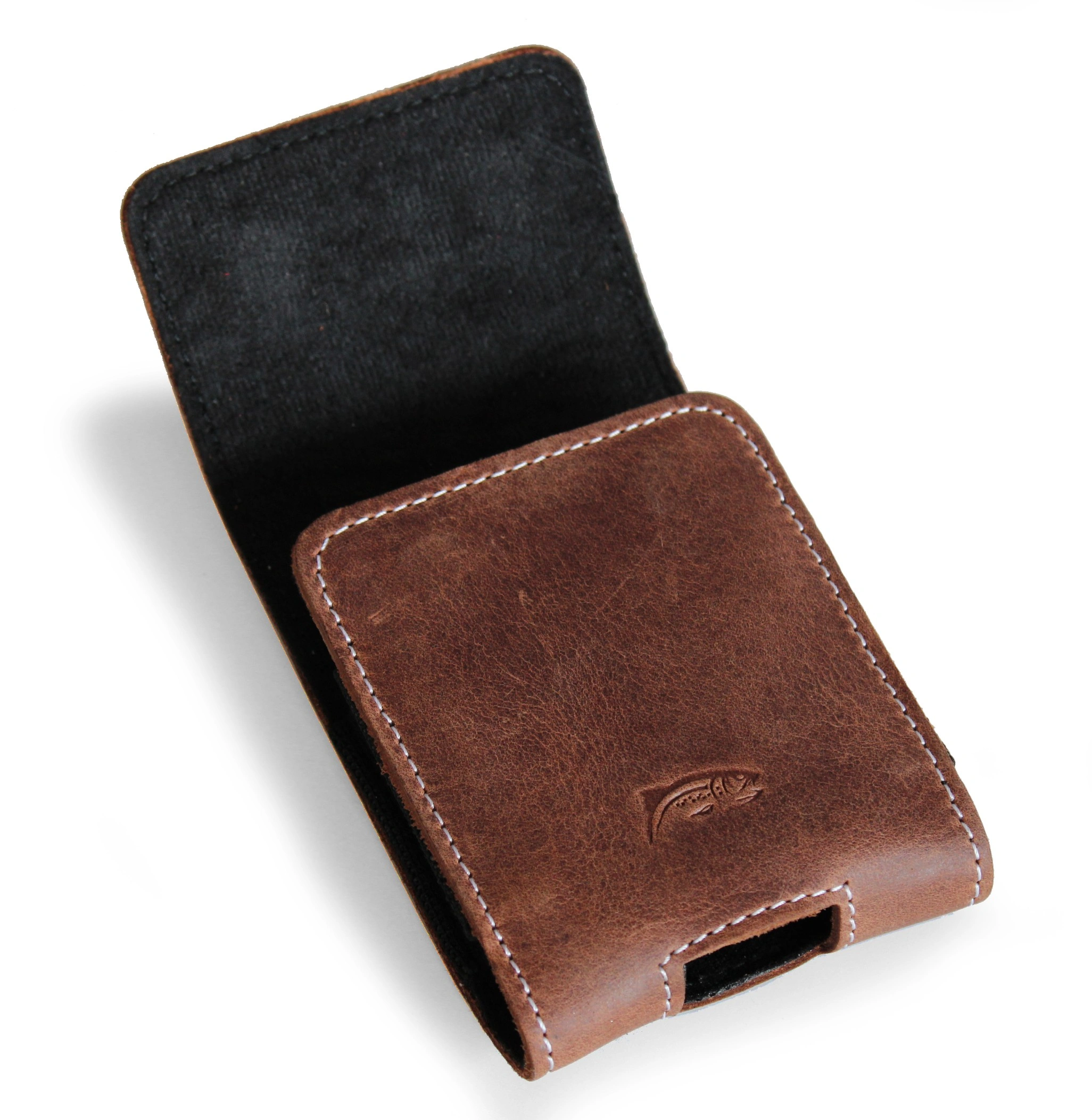 Kryt LURESKO HECTOR FLIP M leather neck/pocket/belt loop case for Flip models (vintage brown with white thread)
