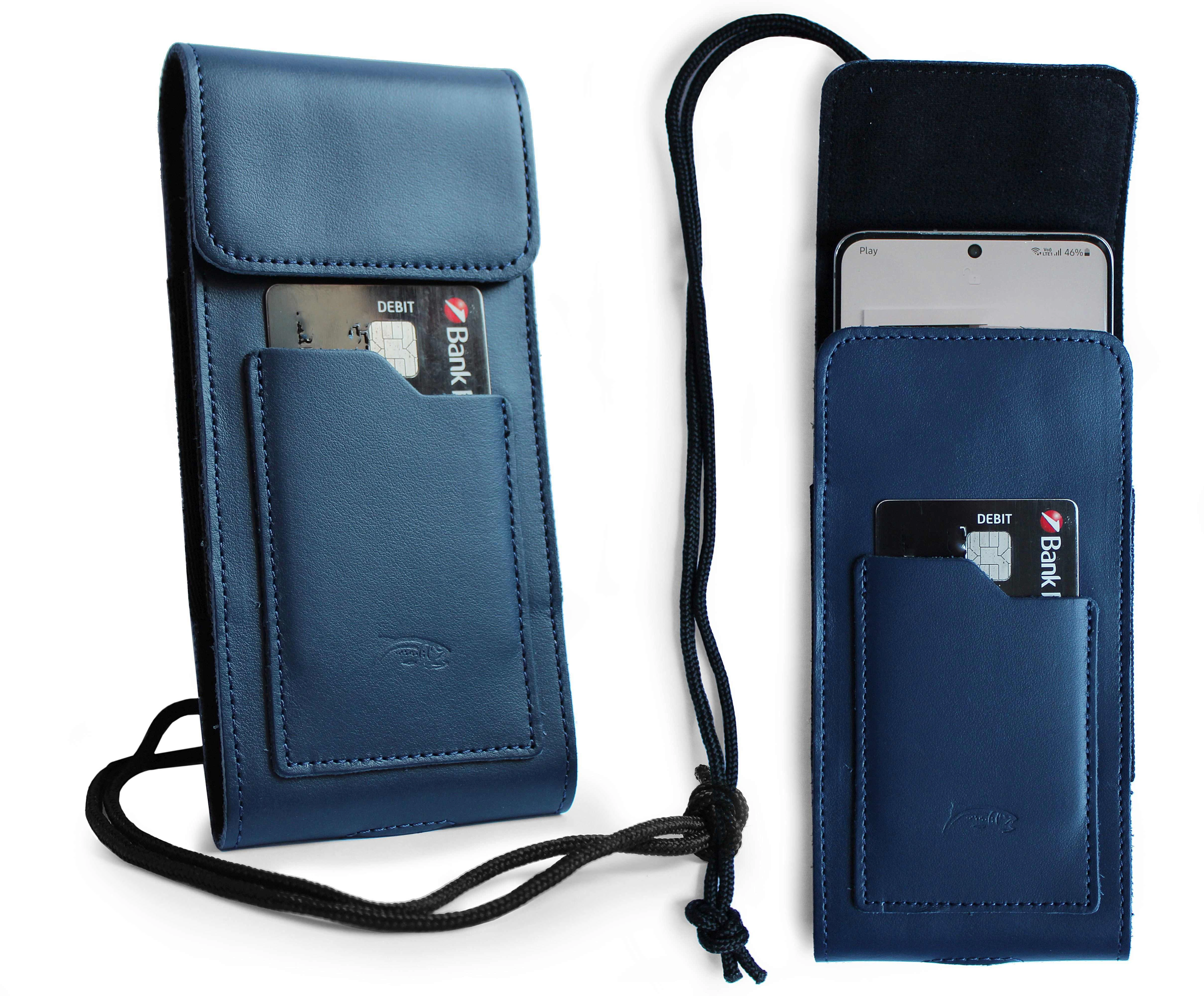 Kryt LURESKO HECTOR XXL leather neck case / belt case / loop holster vertical 167x78x10mm (smooth blue with blue thread)