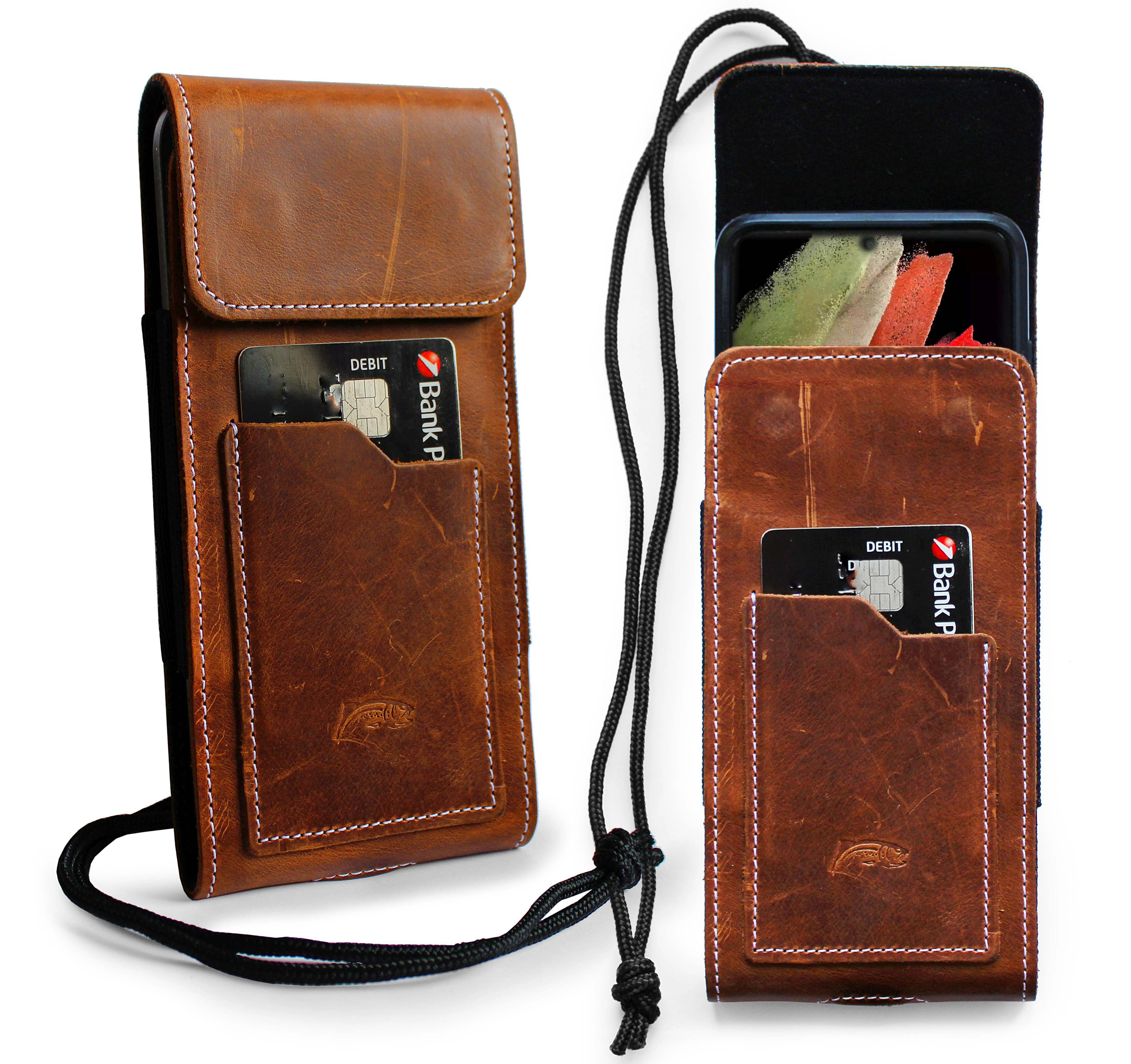 Kryt LURESKO HECTOR XXL R XXL leather neck case / belt case / loop holster vertical 167x78x10mm (light vintage brown with white thread)
