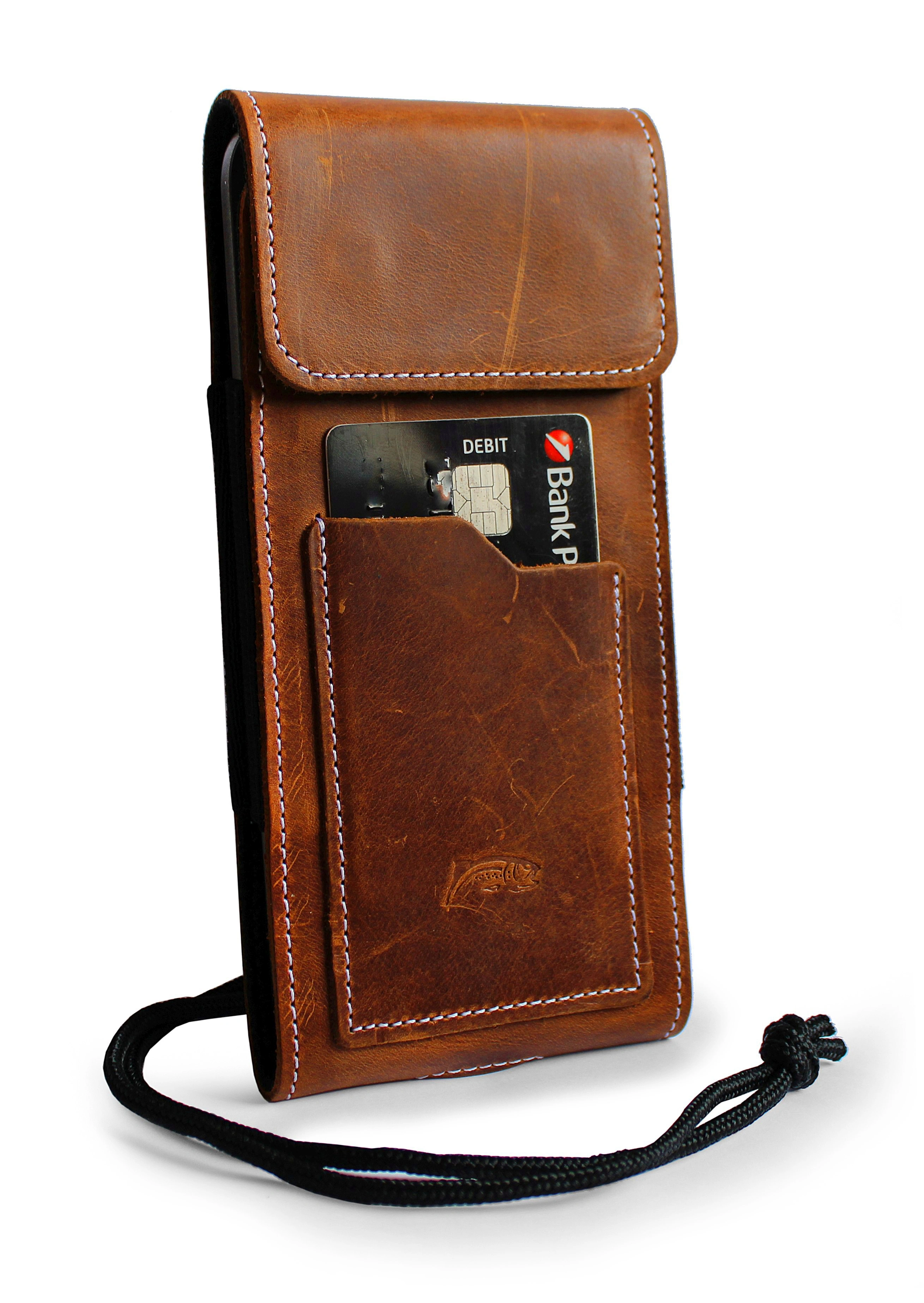 Kryt LURESKO HECTOR XXL R XXL leather neck case / belt case / loop holster vertical 167x78x10mm (light vintage brown with white thread)