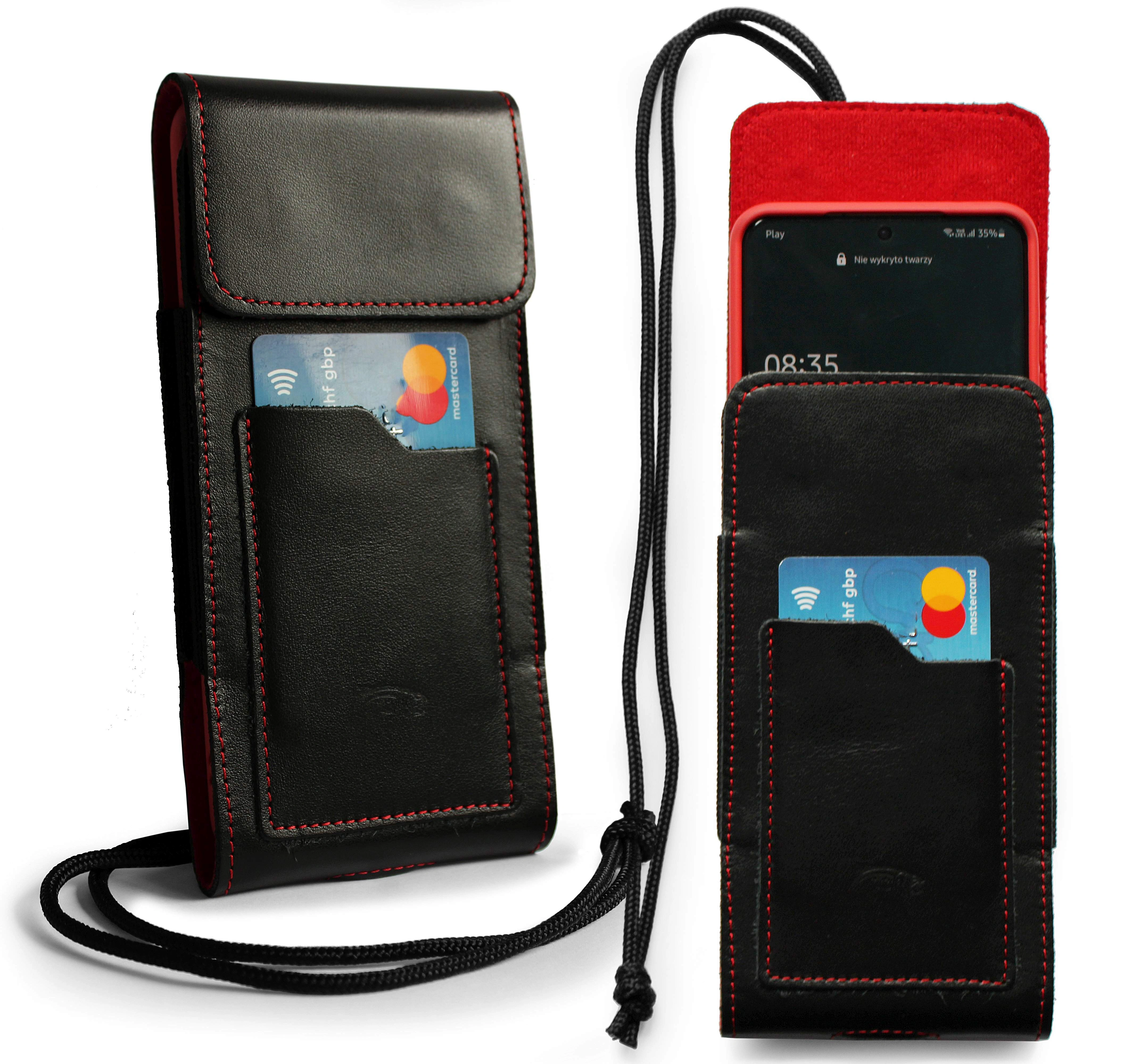 Kryt LURESKO HECTOR XXL leather neck case / belt case / loop holster vertical 167x78x10mm (black smooth red thread red interior)