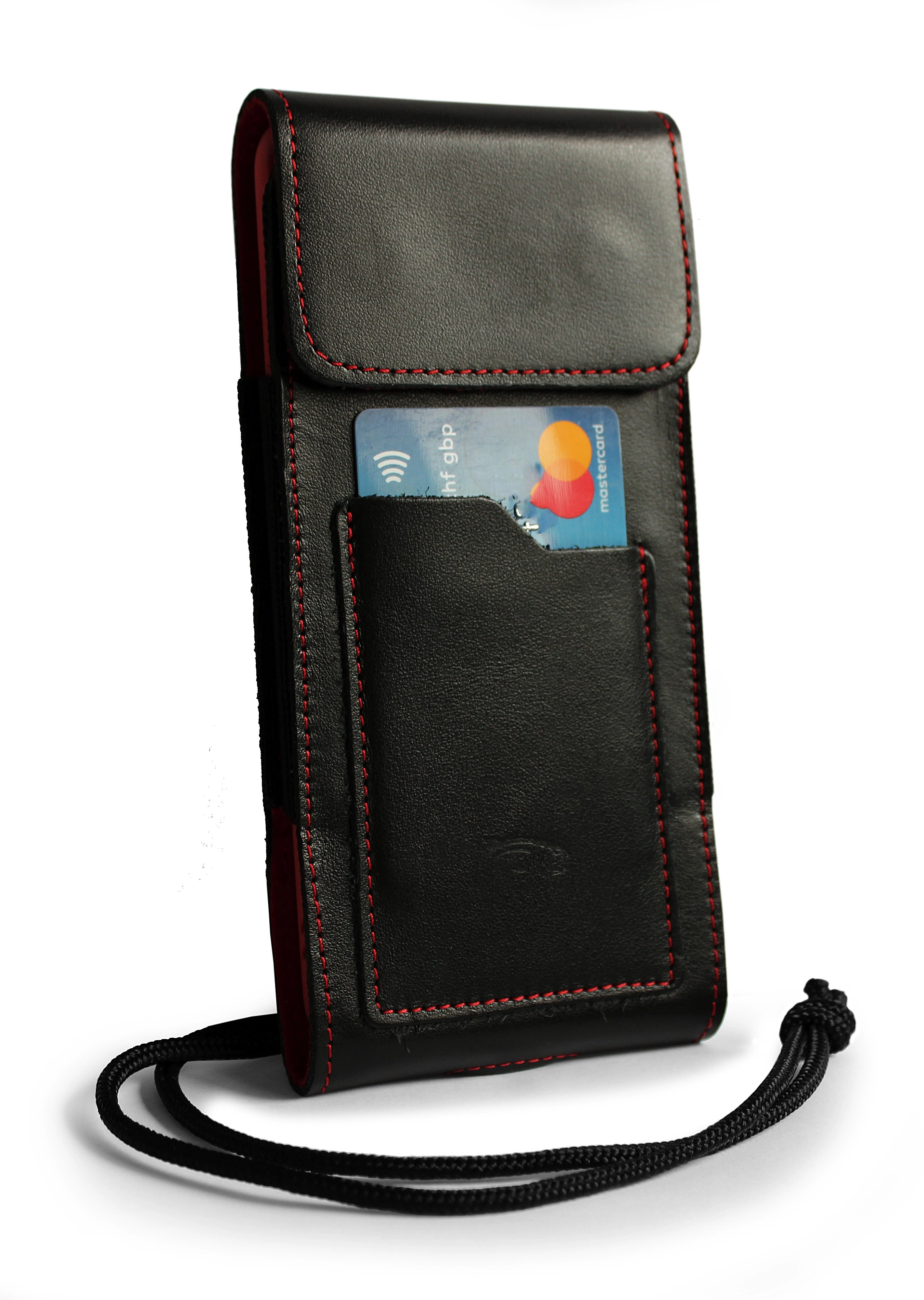 Kryt LURESKO HECTOR XXL leather neck case / belt case / loop holster vertical 167x78x10mm (black smooth red thread red interior)