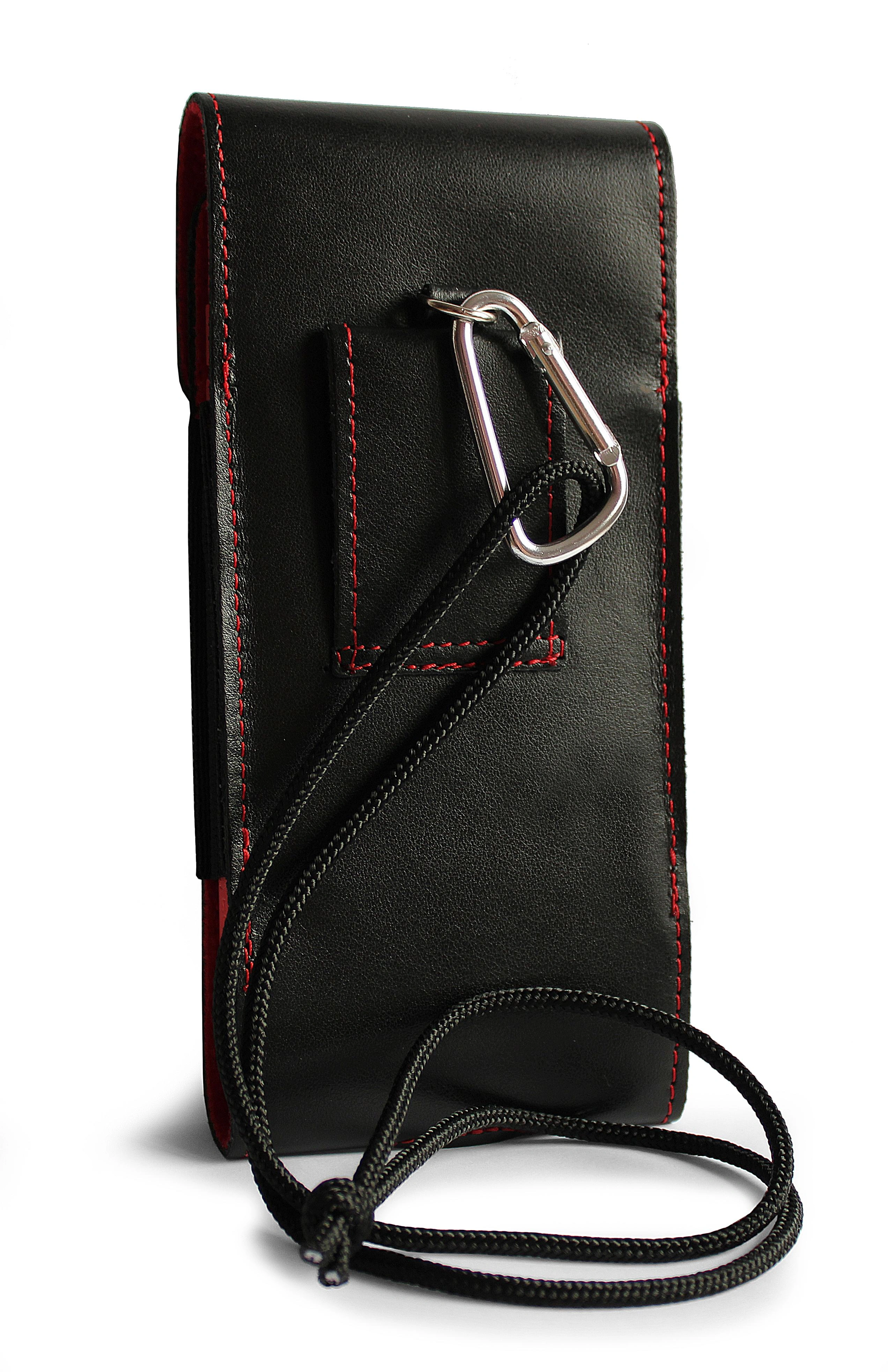 Kryt LURESKO HECTOR XXL leather neck case / belt case / loop holster vertical 167x78x10mm (black smooth red thread red interior)