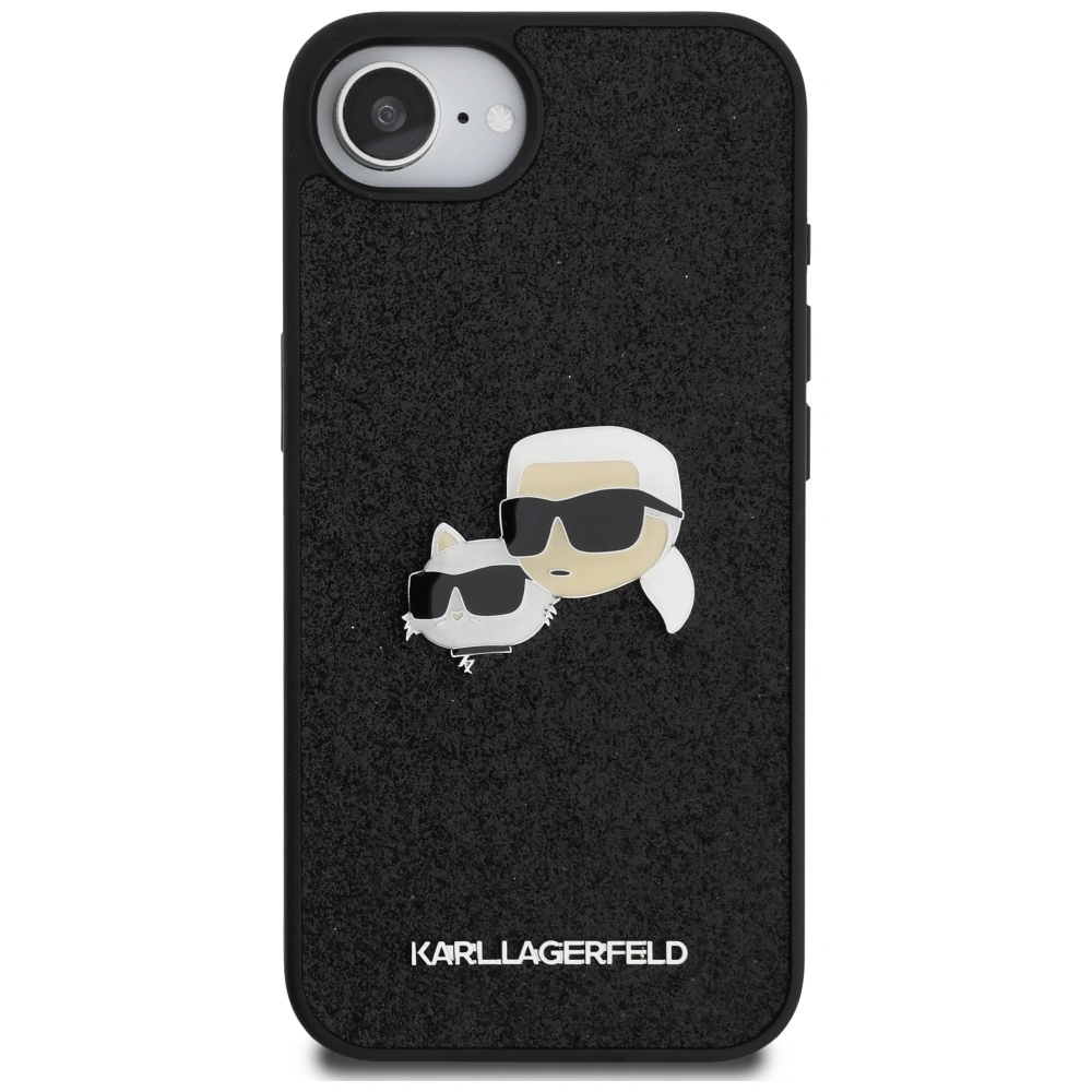 Kryt Karl Lagerfeld Fixed Glitter Karl&Choupette Heads Metal Pin Apple iPhone 17e / 16e black