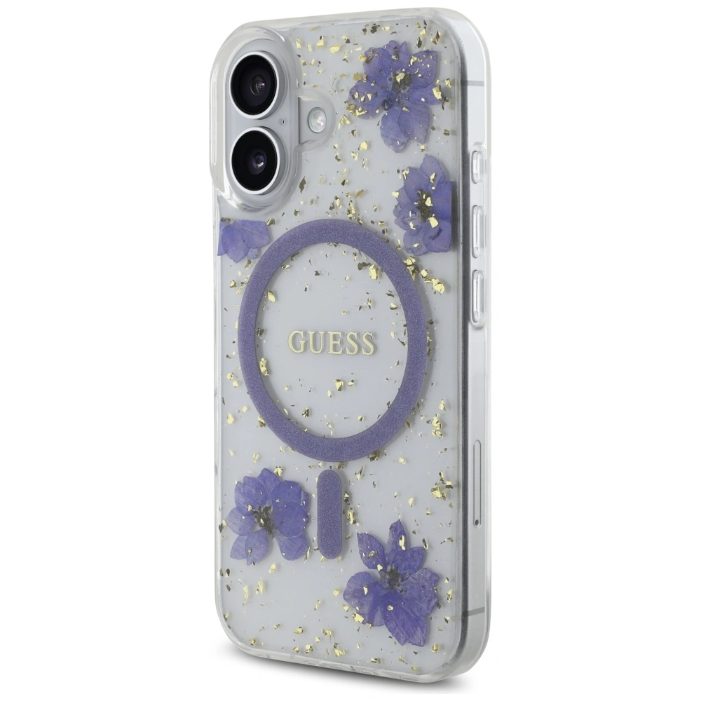Kryt Guess Resin Flowers Glitter MagSafe for Apple iPhone 16 purple