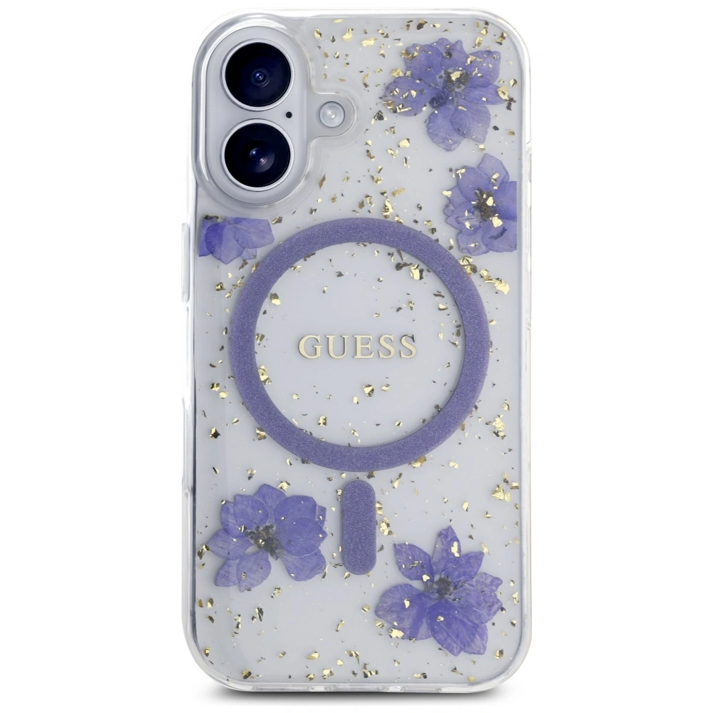 Kryt Guess Resin Flowers Glitter MagSafe for Apple iPhone 16 purple