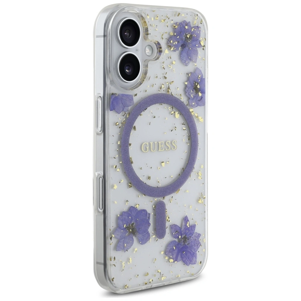 Kryt Guess Resin Flowers Glitter MagSafe for Apple iPhone 16 purple