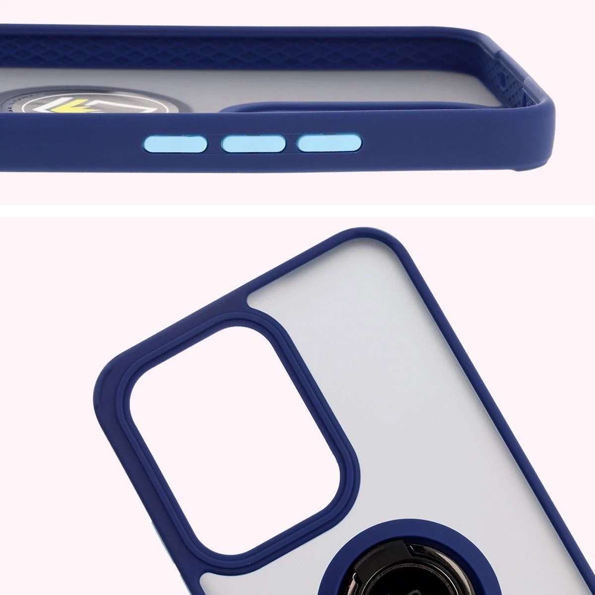Kryt Bizon Case Hybrid Ring Oppo Reno13 Pro smoky with a navy blue frame