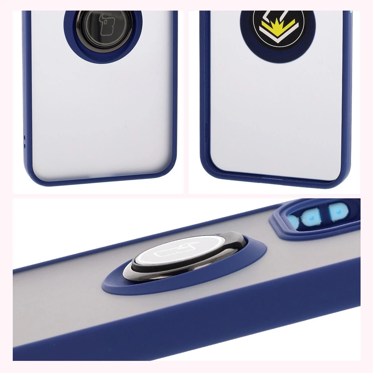 Kryt Bizon Case Hybrid Ring Oppo Reno13 Pro smoky with a navy blue frame