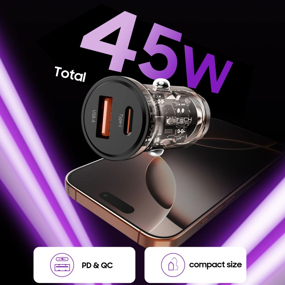 Kryt Tech-Protect CC01 2-port Car Charger USB-A, USB-C PD 45W / QC 3.0 Black