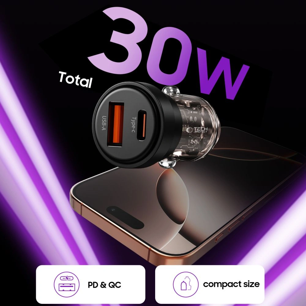 Kryt Tech-Protect CC03 2-port Car Charger USB-A, USB-C PD 30W / QC 3.0 Black