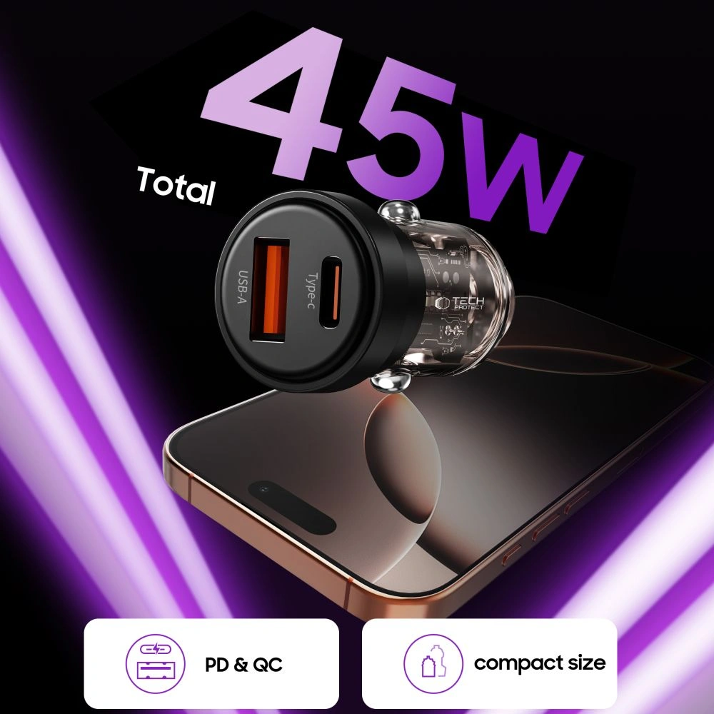 Kryt Tech-Protect CC03 2-port Car Charger USB-A, USB-C PD 45W / QC 3.0 Black