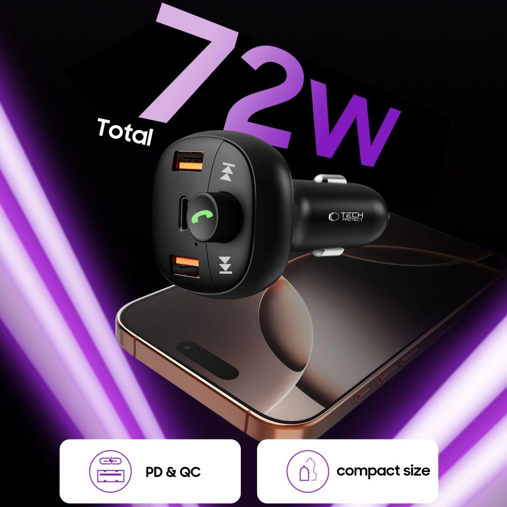 Kryt Tech-Protect CC06 3-port Car Charger 2xUSB-A, USB-C PD 72W + Transmiter FM Bluetooth Black