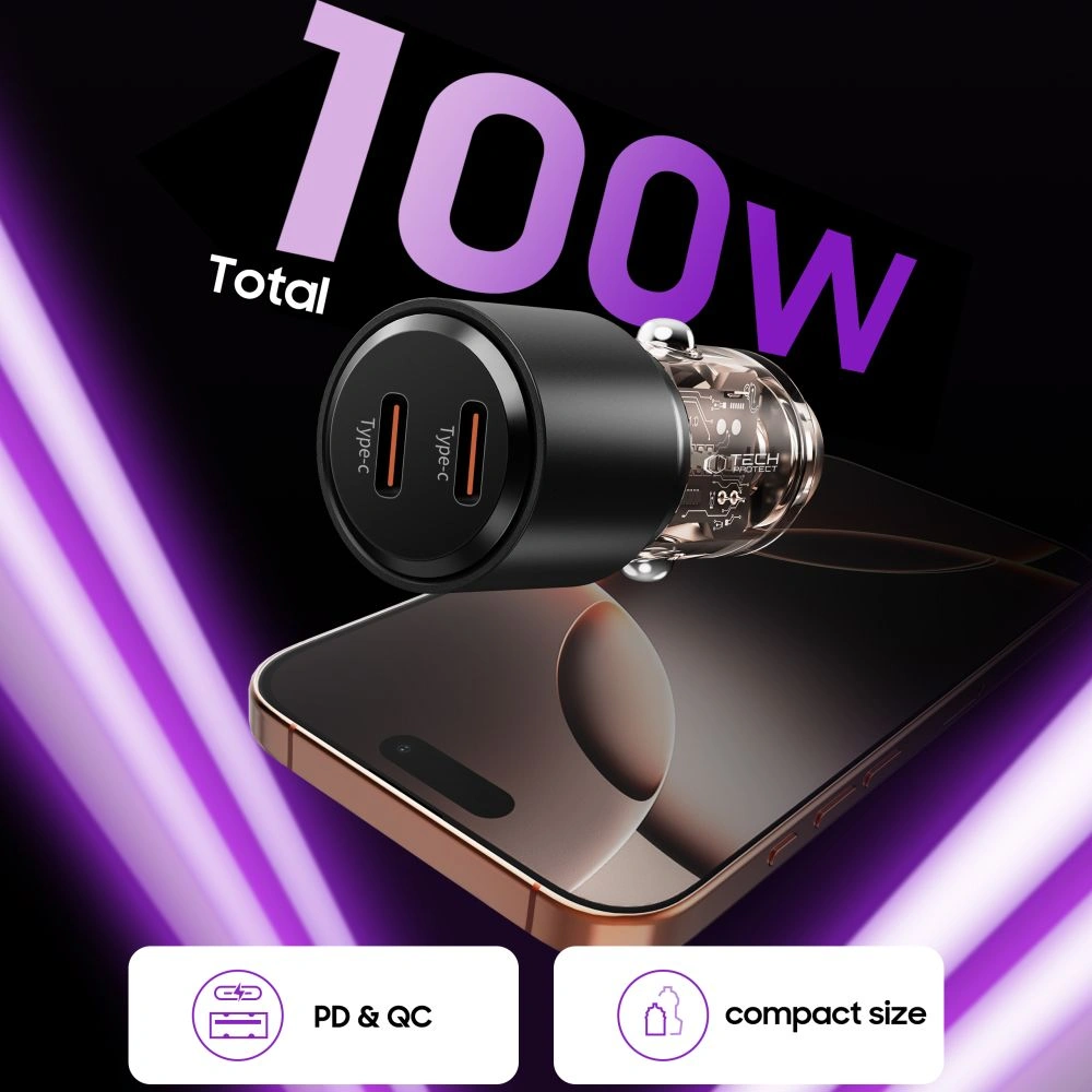 Kryt Tech-Protect CC03 2-port 2xUSB-C Car Charger PD 100W Black