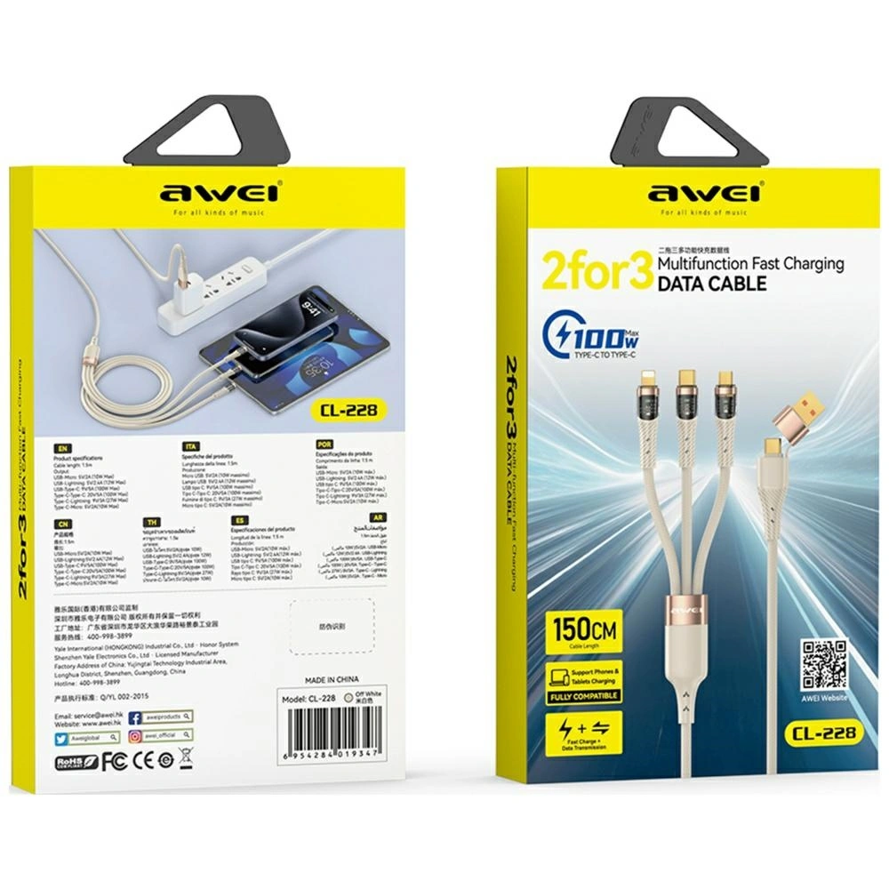 AWEI CL-228 USB-A, USB-C / USB-C, Lightning, microUSB black cable