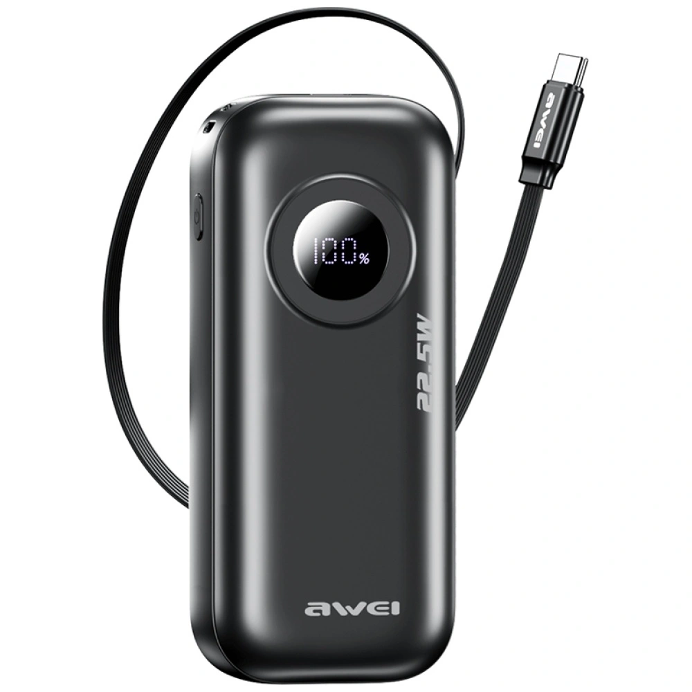 AWEI PA-9 10000mAh 22.5W power bank with detachable USB-C cable black