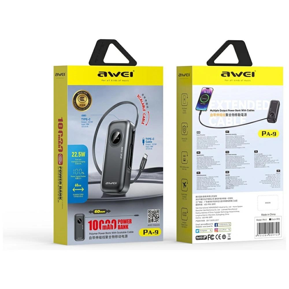 AWEI PA-9 10000mAh 22.5W power bank with detachable USB-C cable black