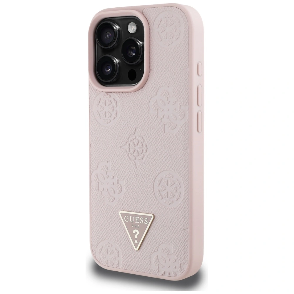 Kryt Guess Grained Hot Stamp Peony Triangle Logo MagSafe Apple iPhone 16 Pro pink