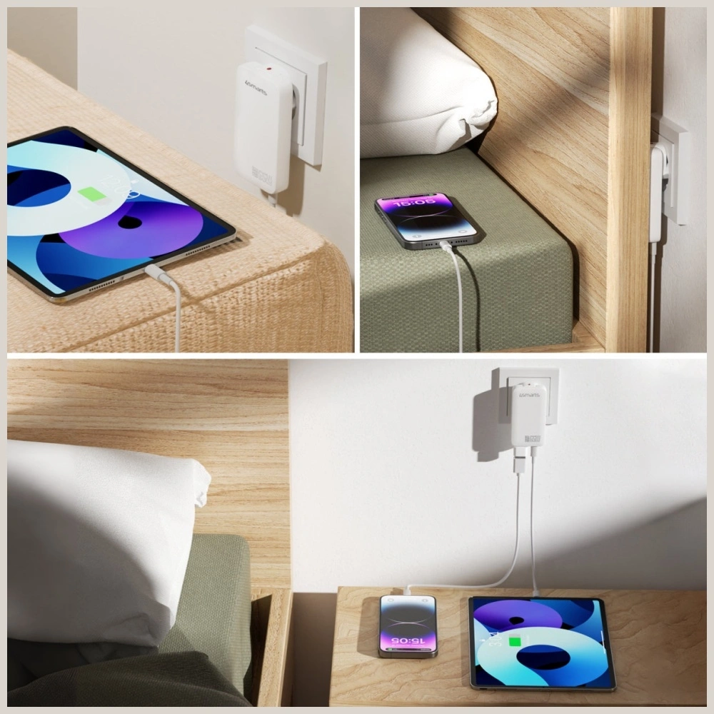 Síťová nabíječka 4smarts FlatPlug Slim Dual 65W GaN 2xUSB-C power charger white