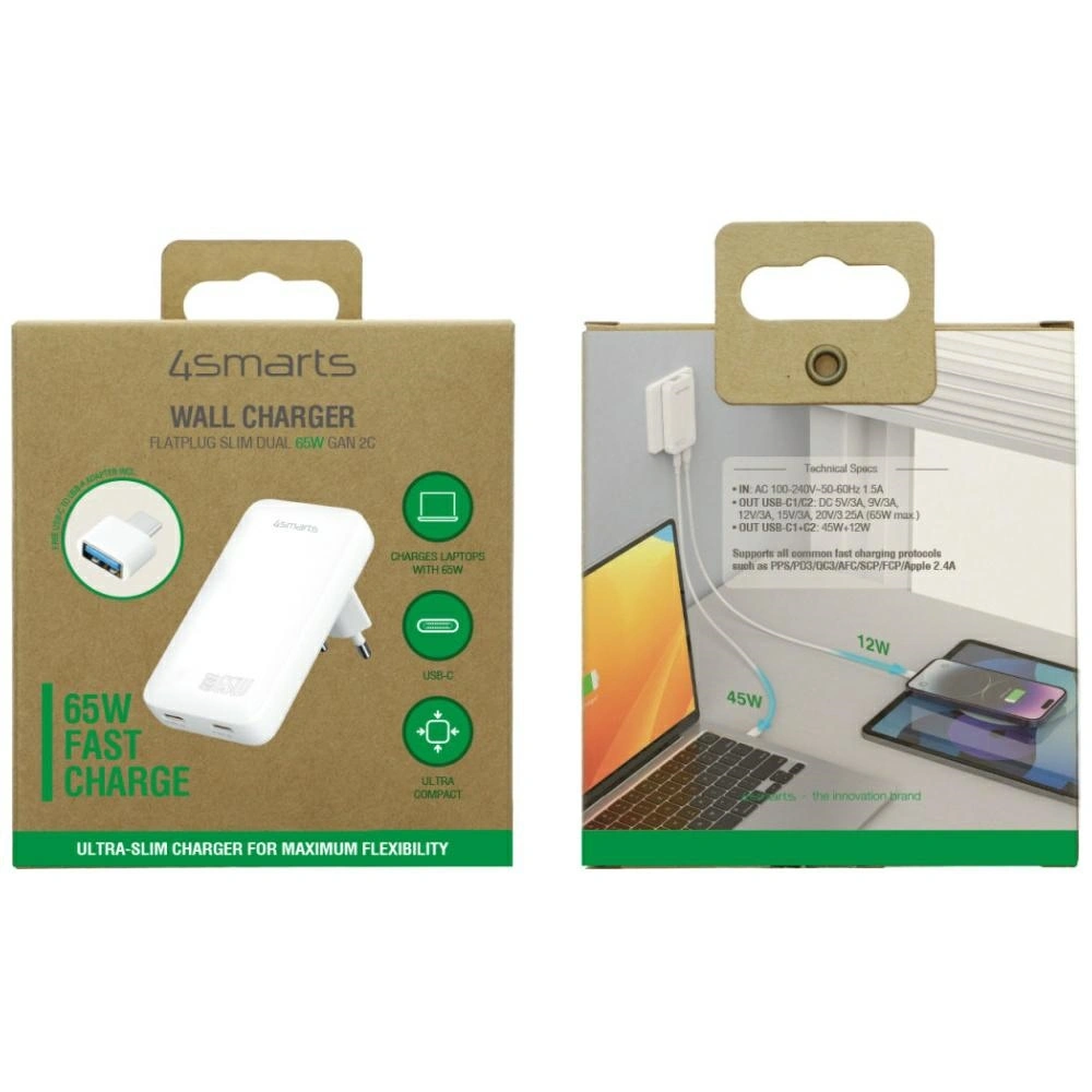 Síťová nabíječka 4smarts FlatPlug Slim Dual 65W GaN 2xUSB-C power charger white