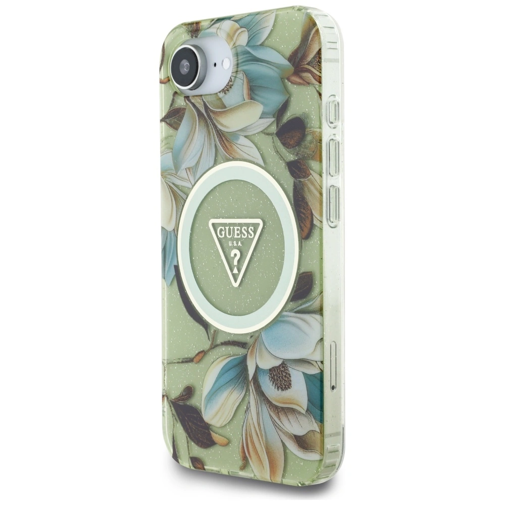 Kryt Guess IML Metal Glitter Flowers Triangle MagSafe Apple iPhone 17e / 16e green