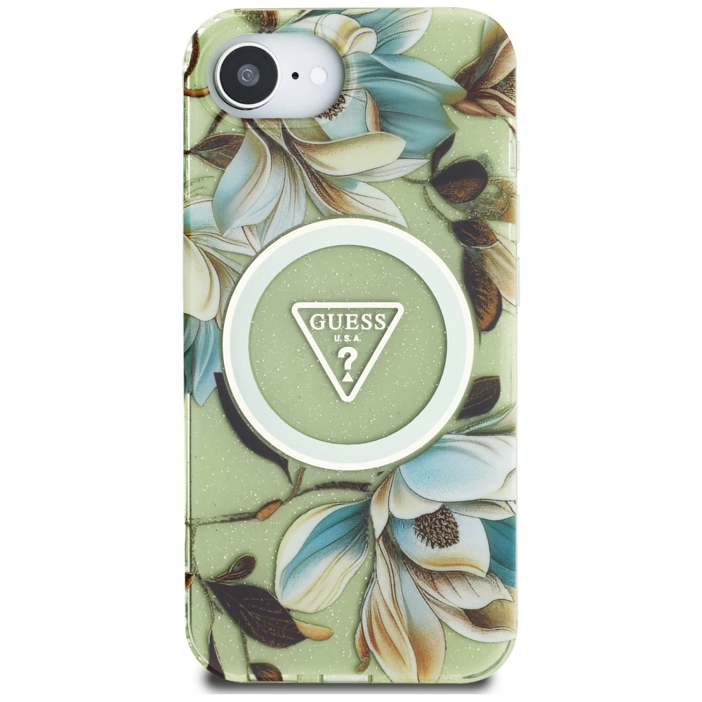 Kryt Guess IML Metal Glitter Flowers Triangle MagSafe Apple iPhone 17e / 16e green