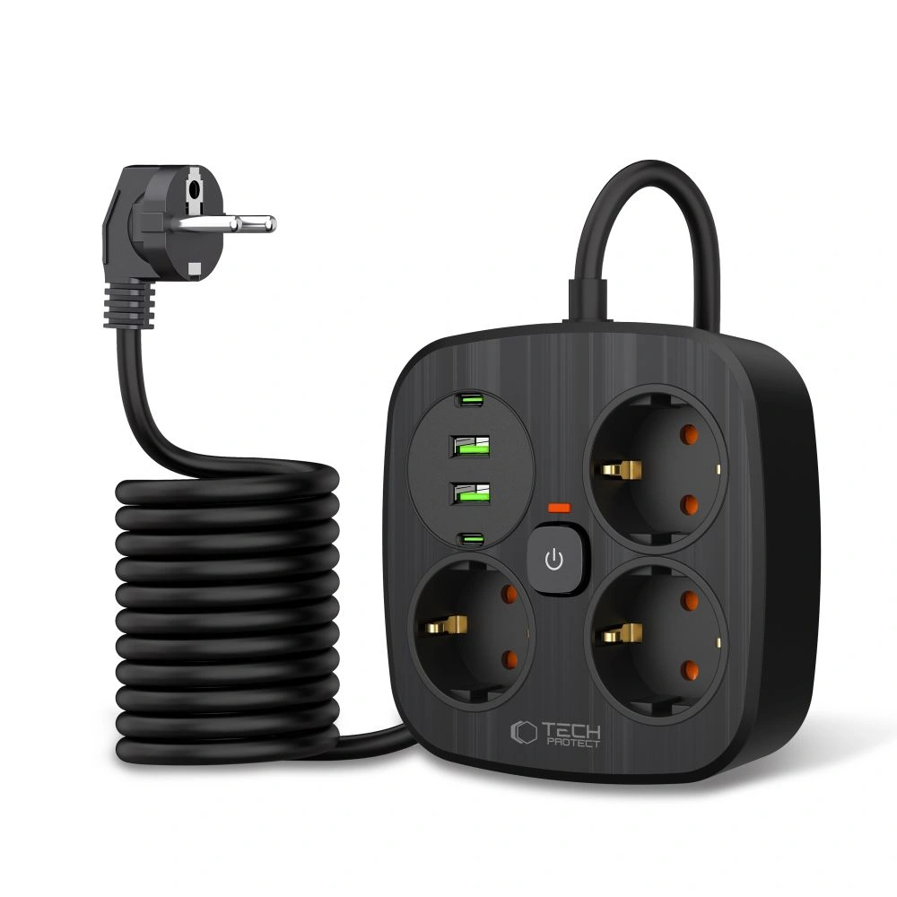 Kryt Tech-Protect PCS3X4 Power Strip 2xUSB-A, 2xUSB-C, 3xSocket AC 200cm Black