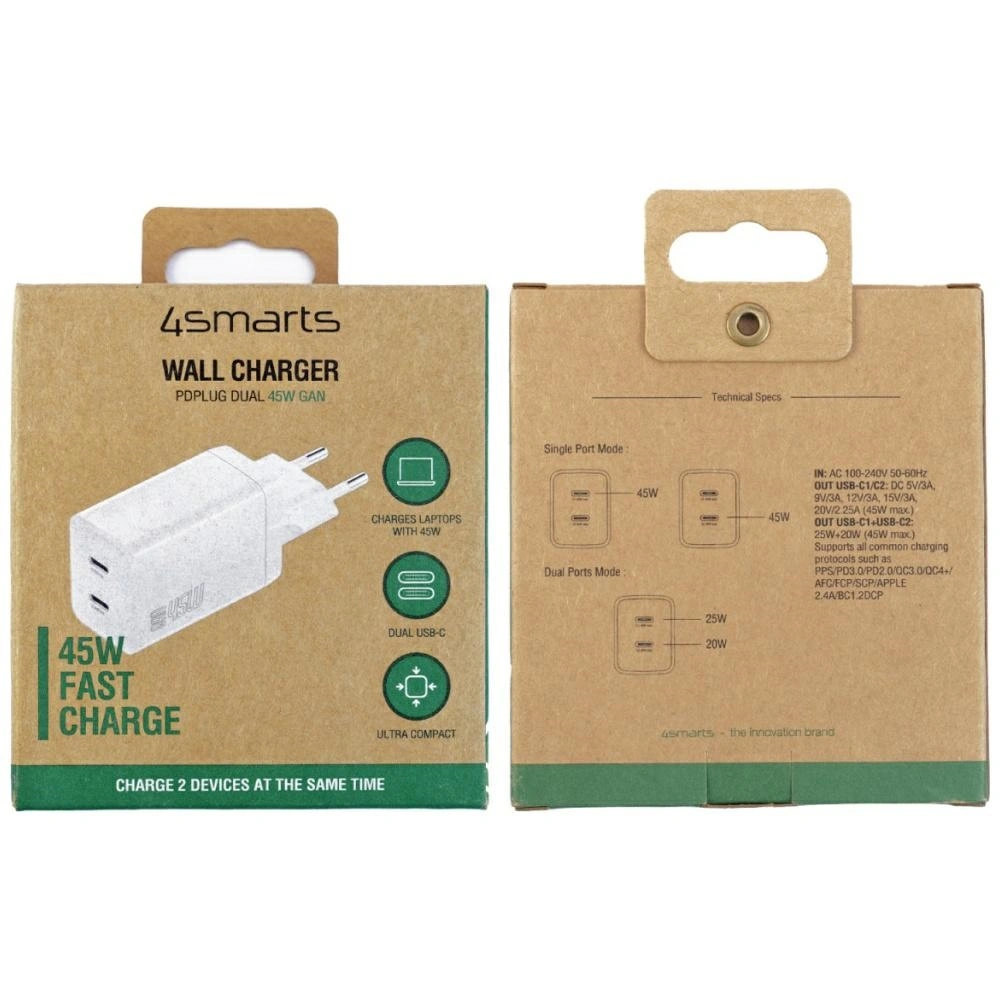 Síťová nabíječka 4smarts PDPlug Dual 45W GaN 2xUSB-C White