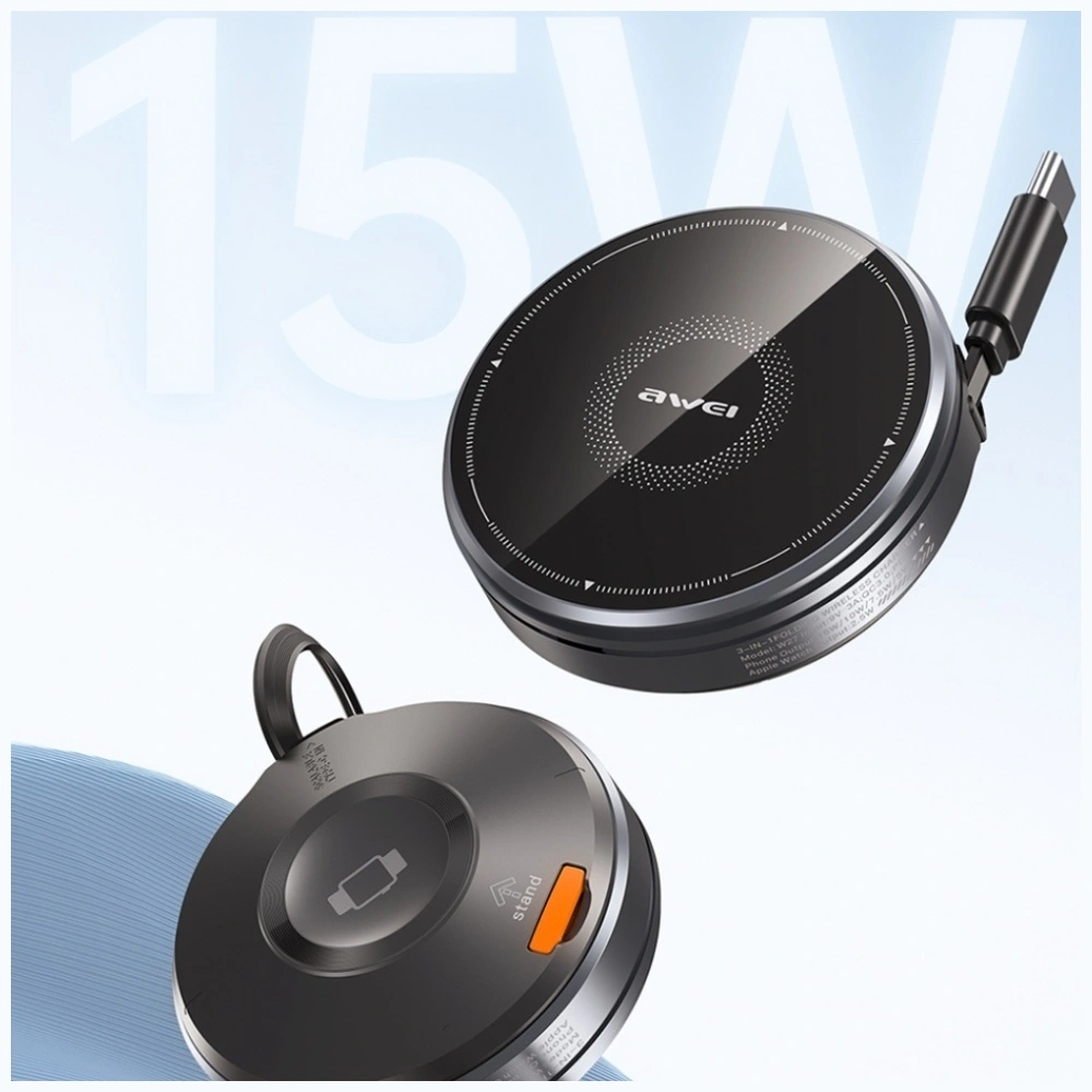 Bezdrátová nabíječka AWEI W27 15W 3-in-1 Induction Charger MagSafe for phone, watch with USB-C Fast Charging cable black