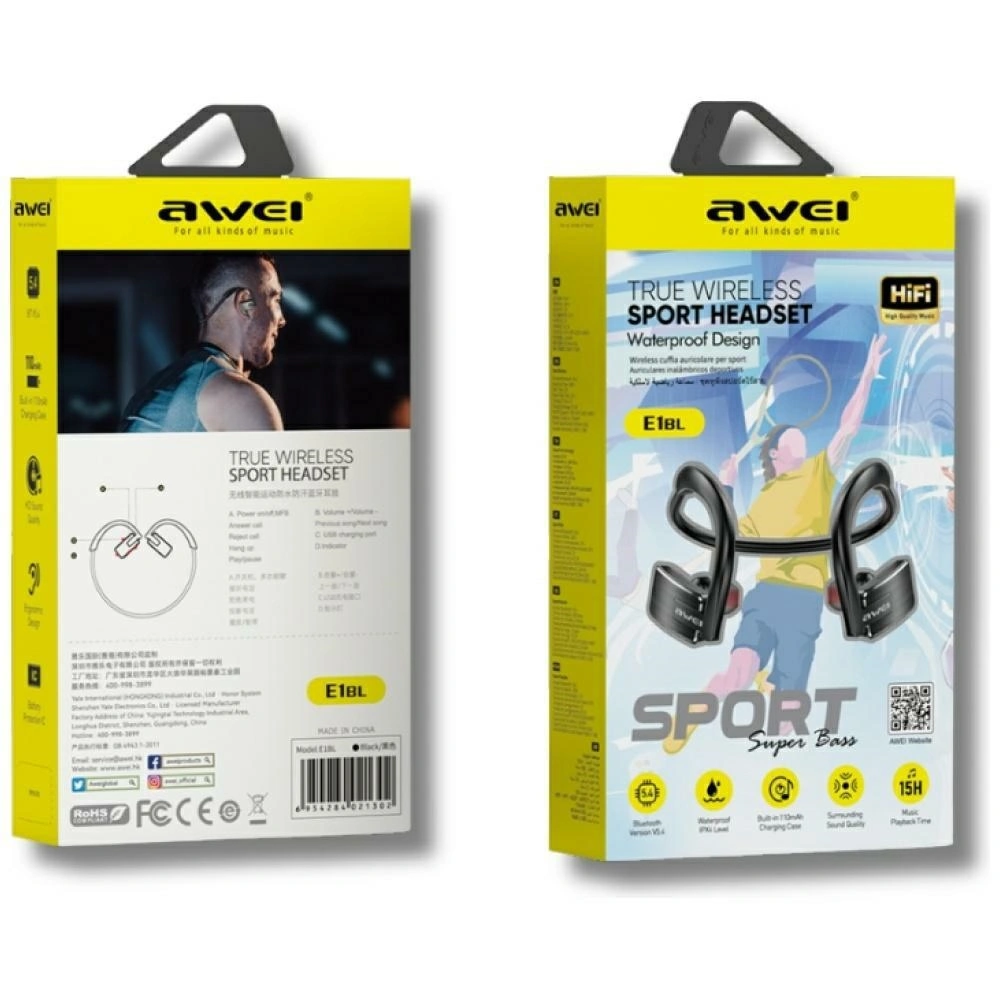 Sluchátka AWEI E1BL Wireless In-Ear Bluetooth 5.3 Sports Black