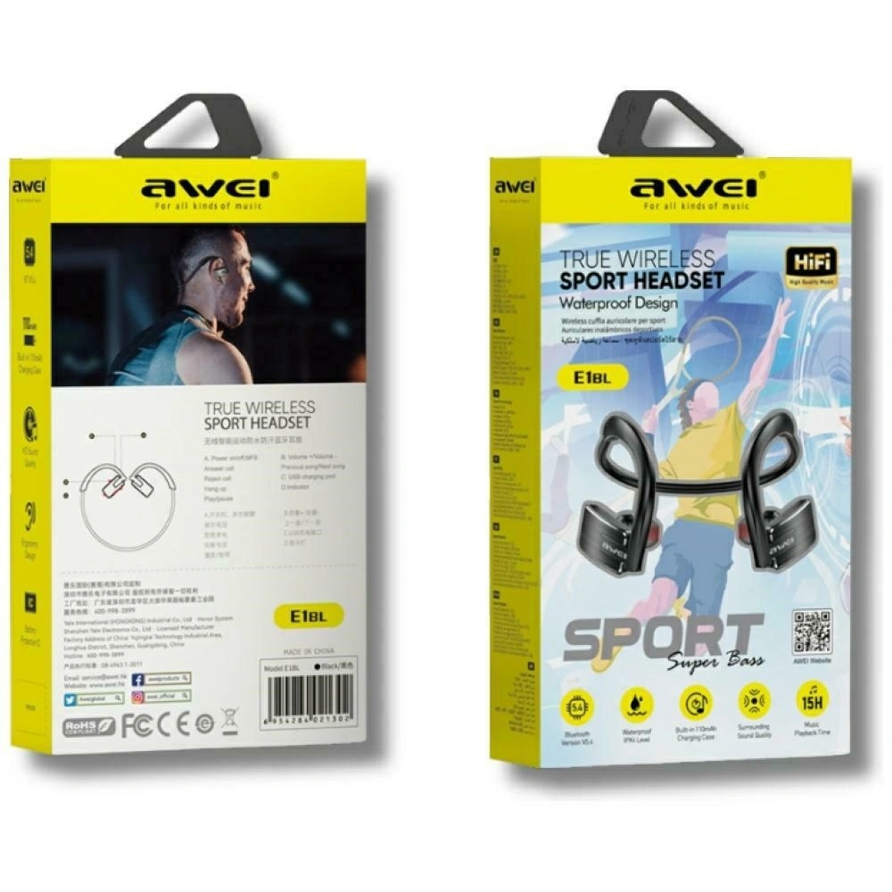 Sluchátka AWEI E1BL Wireless In-Ear Bluetooth 5.3 Sports Black