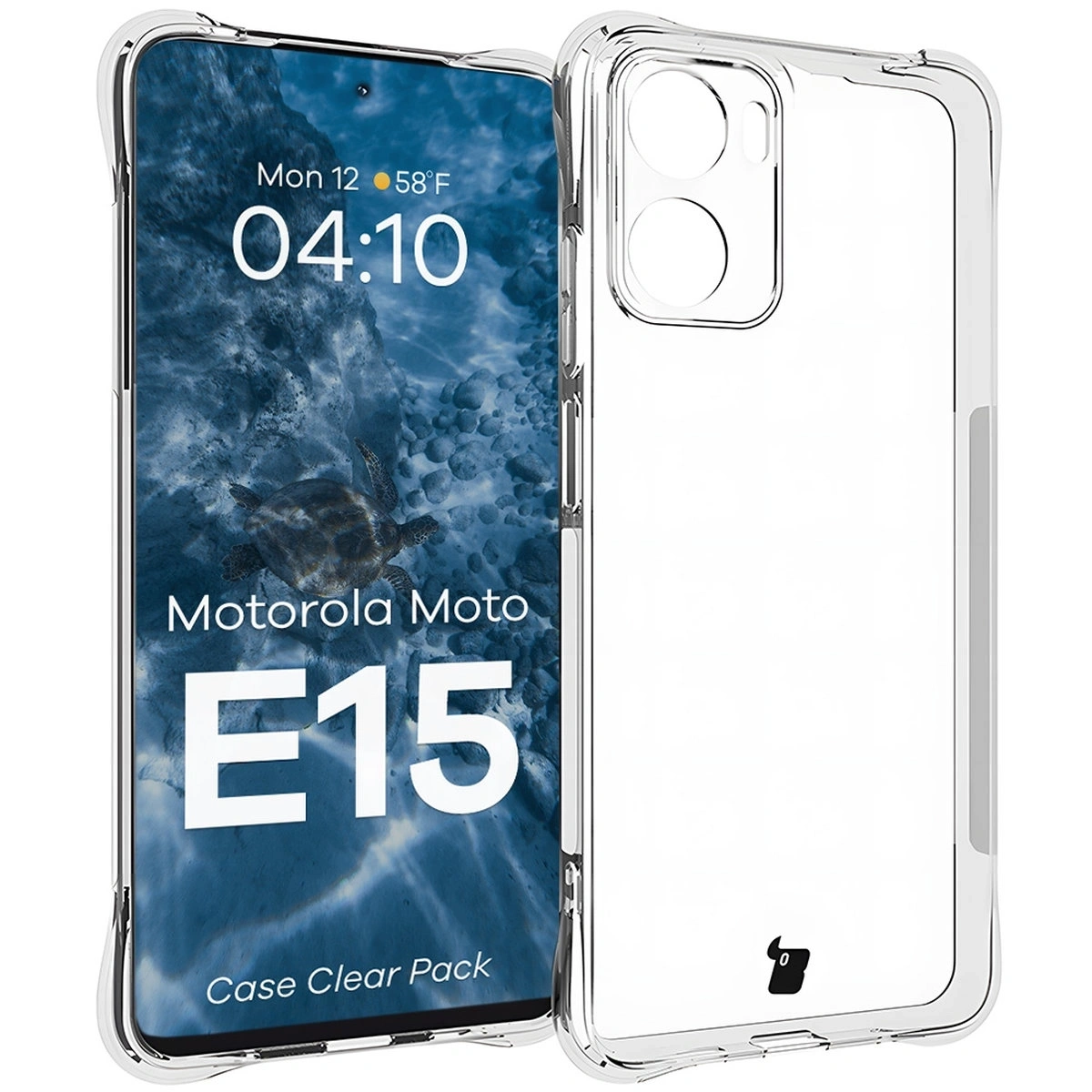 Kryt Bizon Case Clear Pack case + 2x screen glass Motorola Moto E15